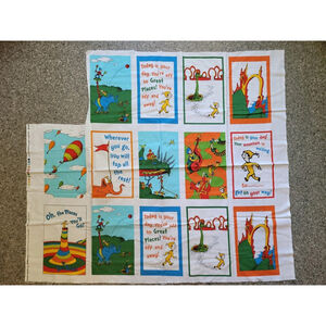 Dr Seuss OH THE PLACES YOULL GO Book Quilt 14 Panel Cotton Fabric Cut Sew EUC